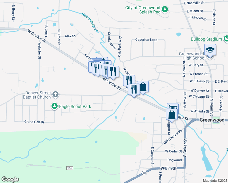 map of restaurants, bars, coffee shops, grocery stores, and more near 800 West Denver Street in Greenwood