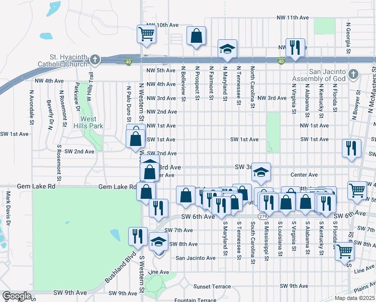 map of restaurants, bars, coffee shops, grocery stores, and more near 201 South Belleview Street in Amarillo