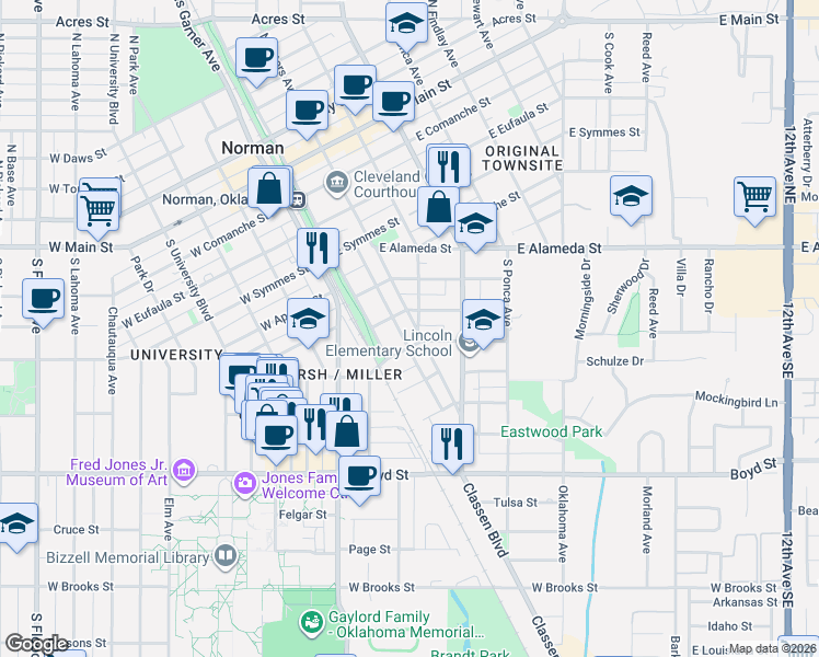 map of restaurants, bars, coffee shops, grocery stores, and more near 712 Miller Avenue in Norman