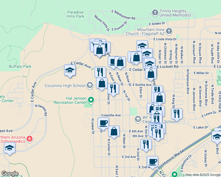 map of restaurants, bars, coffee shops, grocery stores, and more near 2805 North East Street in Flagstaff
