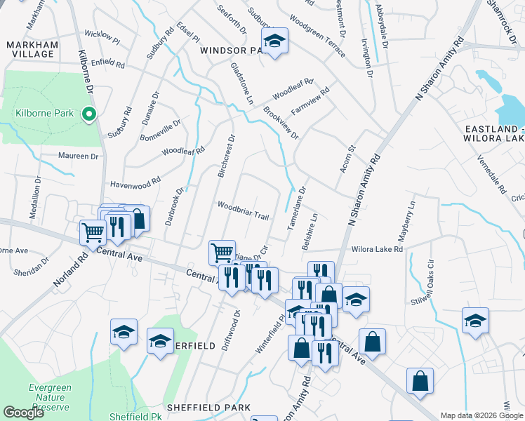 map of restaurants, bars, coffee shops, grocery stores, and more near 3923 Woodbriar Trail in Charlotte