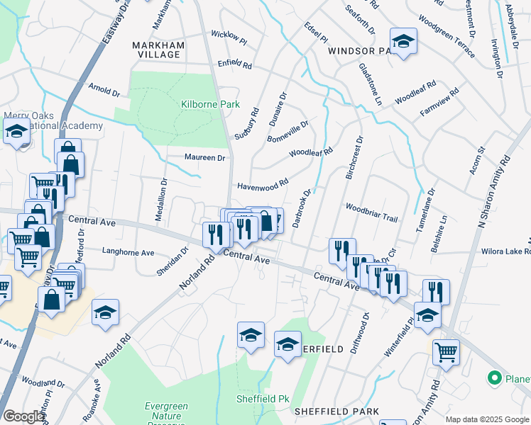map of restaurants, bars, coffee shops, grocery stores, and more near 1419 Elkin Lane in Charlotte
