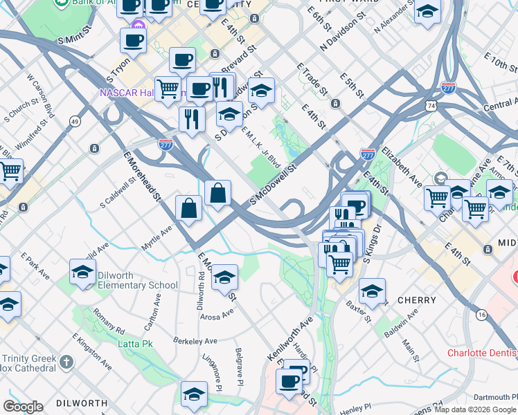 map of restaurants, bars, coffee shops, grocery stores, and more near 900 East Stonewall Street in Charlotte