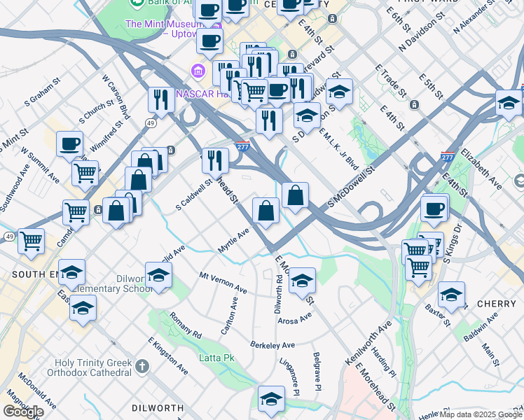 map of restaurants, bars, coffee shops, grocery stores, and more near 727 East Morehead Street in Charlotte