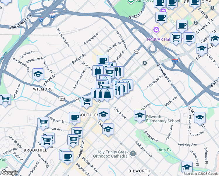 map of restaurants, bars, coffee shops, grocery stores, and more near 1515 Camden Road in Charlotte