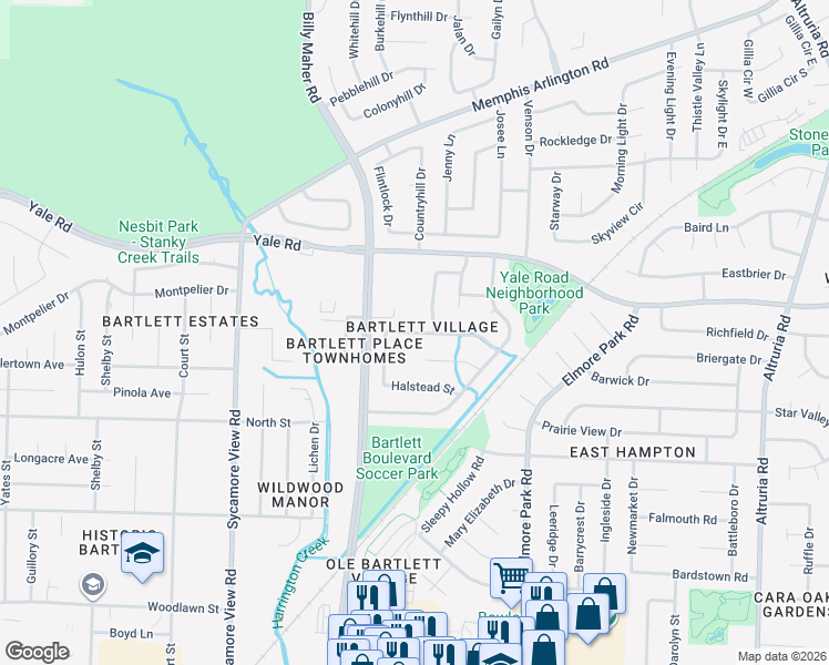 map of restaurants, bars, coffee shops, grocery stores, and more near 6039 Ainsworth Street in Bartlett
