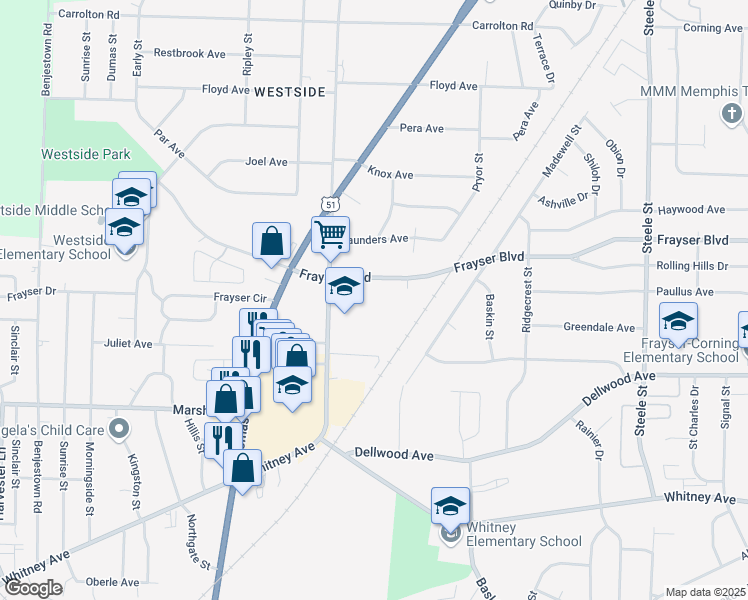 map of restaurants, bars, coffee shops, grocery stores, and more near 1099 Frayser Boulevard in Memphis