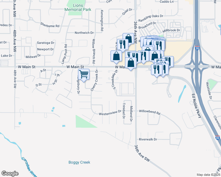 map of restaurants, bars, coffee shops, grocery stores, and more near 3907 Pine Tree Circle in Norman