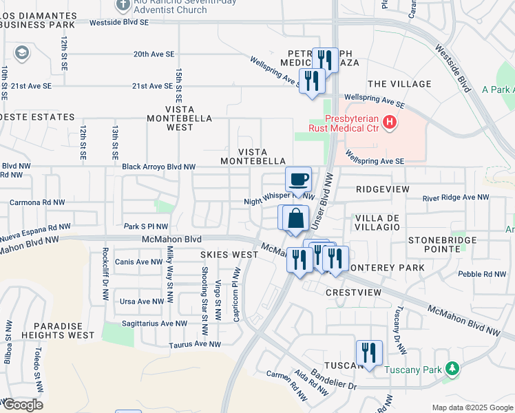 map of restaurants, bars, coffee shops, grocery stores, and more near 5772 Night Whisper Road Northwest in Albuquerque