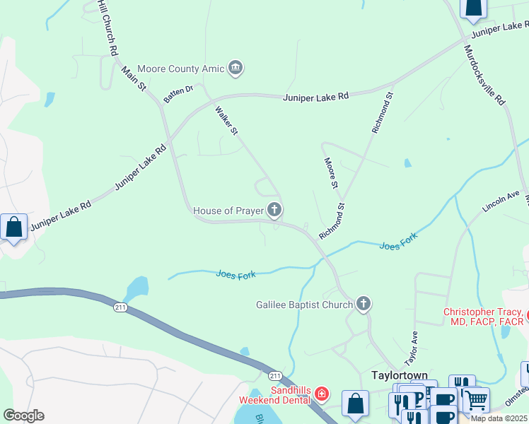 map of restaurants, bars, coffee shops, grocery stores, and more near Main Street in Pinehurst