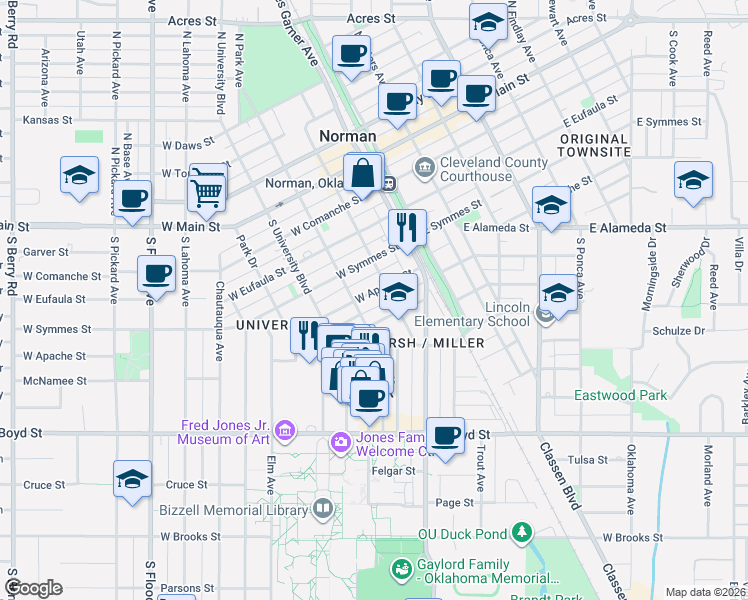 map of restaurants, bars, coffee shops, grocery stores, and more near 205 West Linn Street in Norman