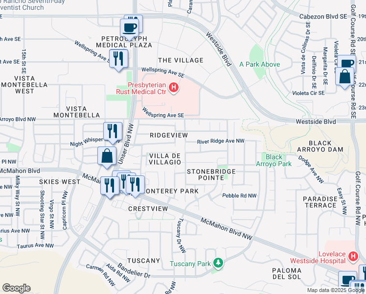map of restaurants, bars, coffee shops, grocery stores, and more near 10901 Stonebrook Place Northwest in Albuquerque