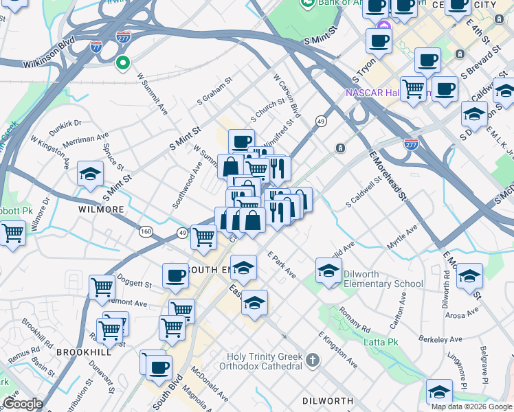 map of restaurants, bars, coffee shops, grocery stores, and more near in Charlotte