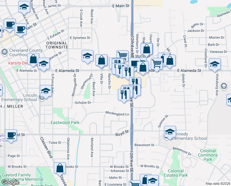 map of restaurants, bars, coffee shops, grocery stores, and more near 632 Tollie Drive in Norman