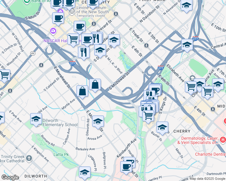 map of restaurants, bars, coffee shops, grocery stores, and more near 900 East Brooklyn Village Avenue in Charlotte