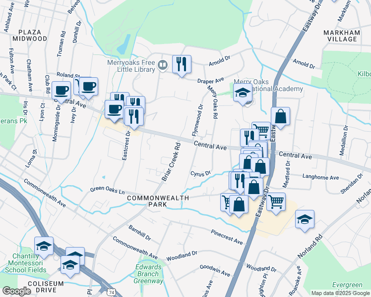 map of restaurants, bars, coffee shops, grocery stores, and more near 3310 Central Avenue in Charlotte