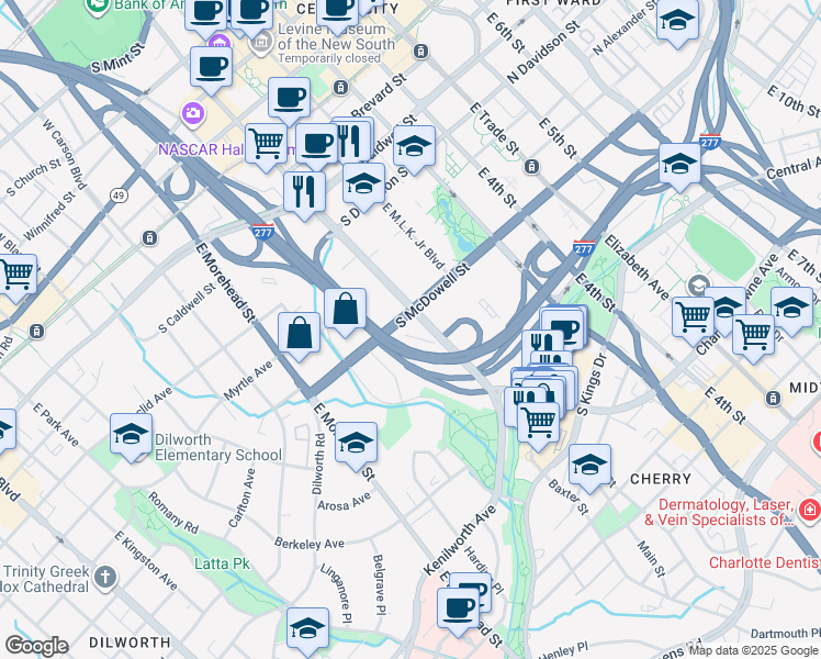 map of restaurants, bars, coffee shops, grocery stores, and more near 900 East Brooklyn Village Avenue in Charlotte