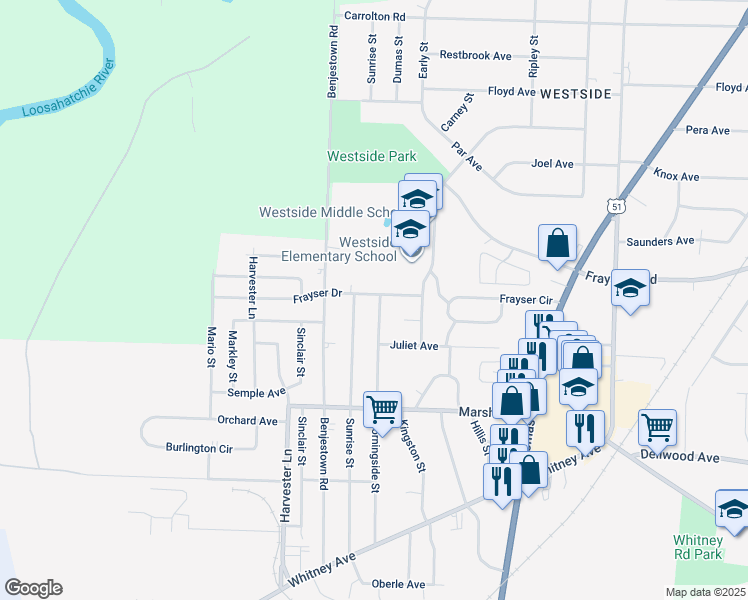 map of restaurants, bars, coffee shops, grocery stores, and more near 747 Frayser Drive in Memphis