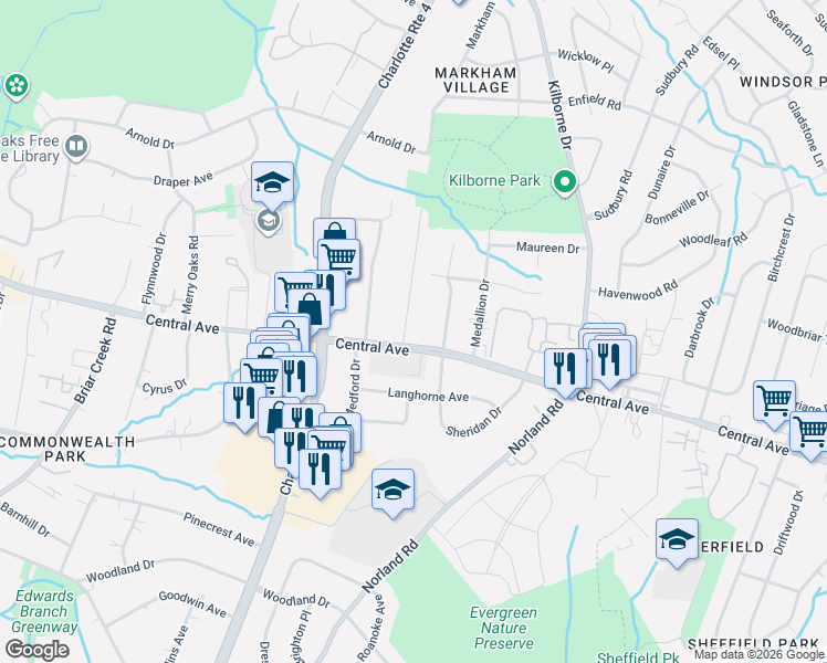 map of restaurants, bars, coffee shops, grocery stores, and more near 4019 Central Avenue in Charlotte