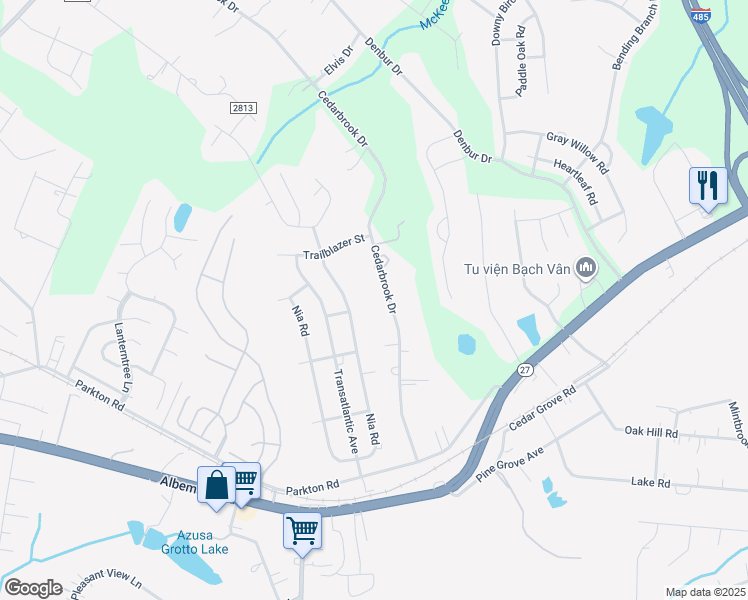 map of restaurants, bars, coffee shops, grocery stores, and more near 7313 Cedarbrook Drive in Charlotte