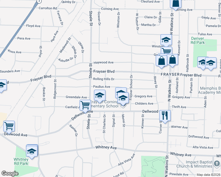 map of restaurants, bars, coffee shops, grocery stores, and more near 1553 Paullus Avenue in Memphis