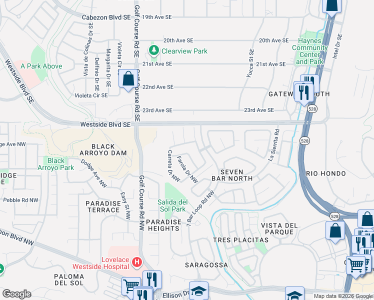 map of restaurants, bars, coffee shops, grocery stores, and more near 4401 Campo De Maiz Road Northwest in Albuquerque