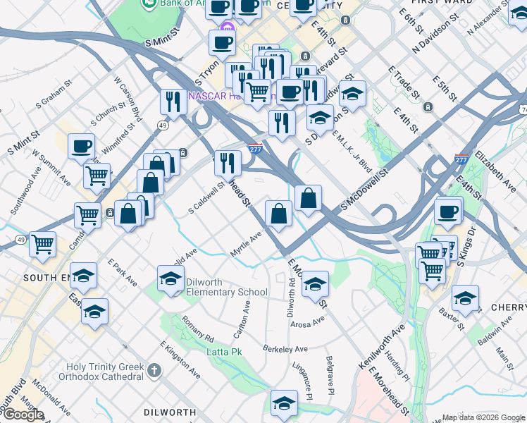 map of restaurants, bars, coffee shops, grocery stores, and more near 727 East Morehead Street in Charlotte