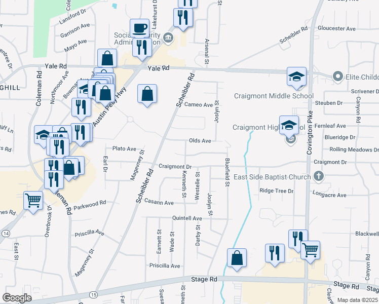 map of restaurants, bars, coffee shops, grocery stores, and more near 4762 Rolling Meadows Drive in Memphis