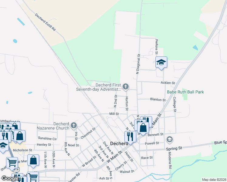 map of restaurants, bars, coffee shops, grocery stores, and more near 503 North 2nd Street in Decherd