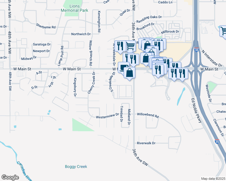 map of restaurants, bars, coffee shops, grocery stores, and more near 201 South Creekdale Drive in Norman