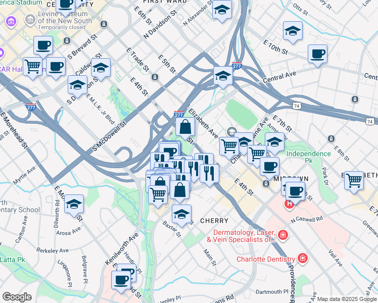 map of restaurants, bars, coffee shops, grocery stores, and more near 1130 East 3rd Street in Charlotte