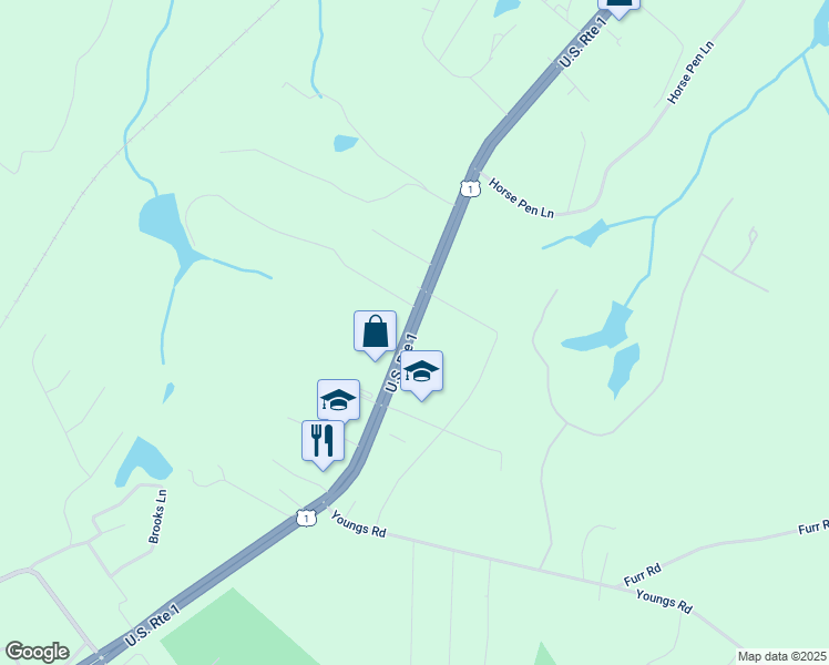 map of restaurants, bars, coffee shops, grocery stores, and more near 5485 U.S. 1 in Vass