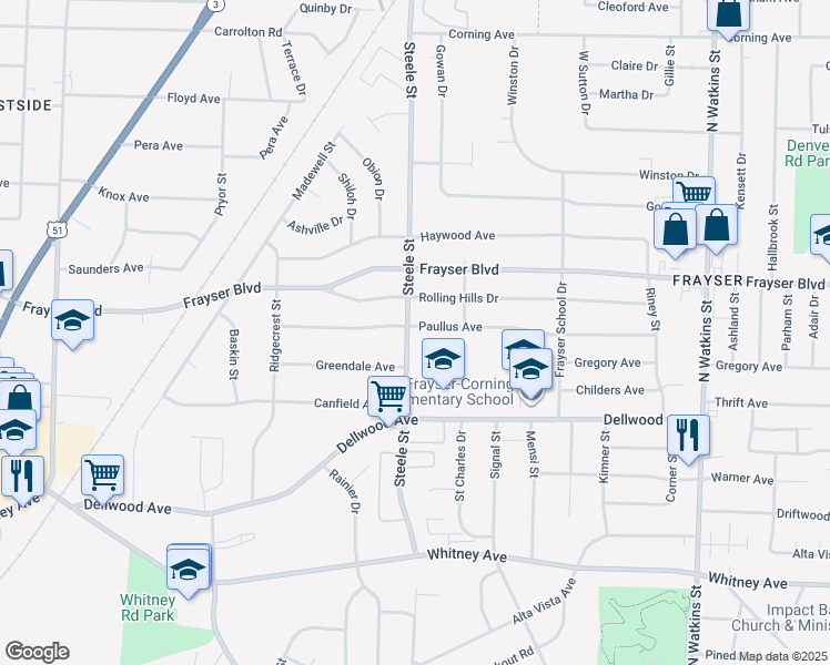 map of restaurants, bars, coffee shops, grocery stores, and more near 3289 Steele Street in Memphis