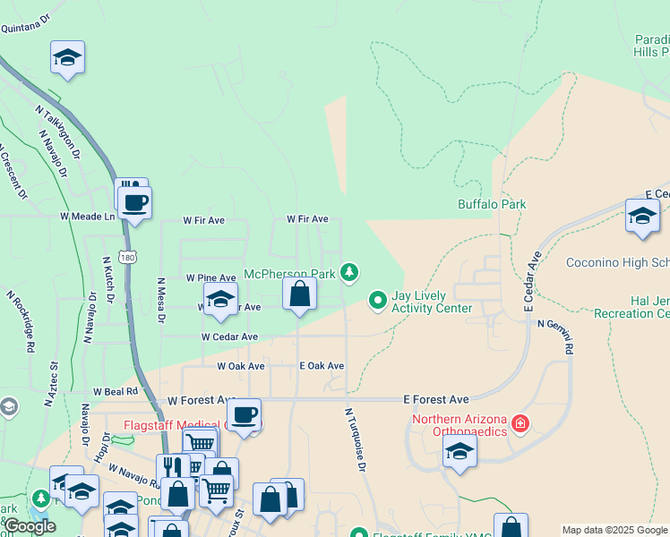 map of restaurants, bars, coffee shops, grocery stores, and more near 1721 North Turquoise Drive in Flagstaff