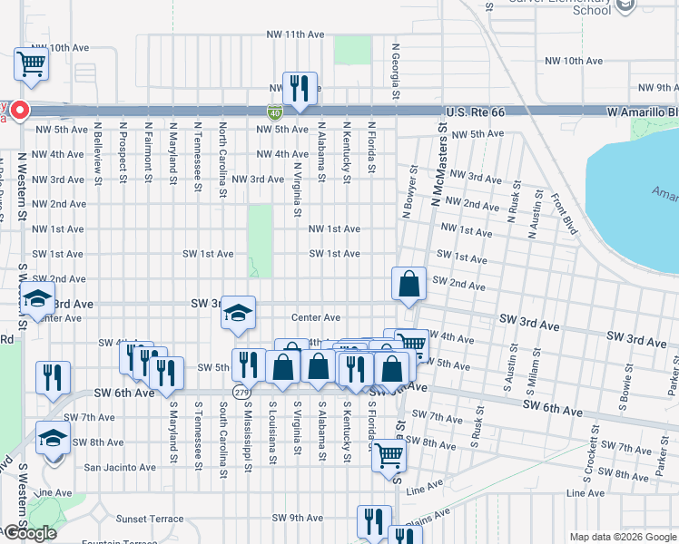 map of restaurants, bars, coffee shops, grocery stores, and more near 203 South Alabama Street in Amarillo