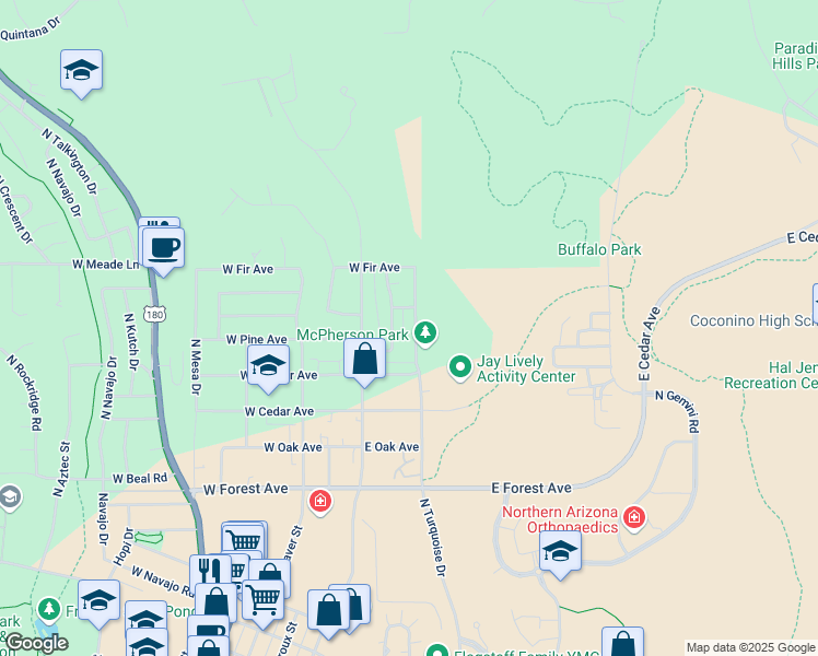 map of restaurants, bars, coffee shops, grocery stores, and more near 1721 North Turquoise Drive in Flagstaff