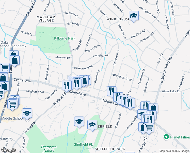 map of restaurants, bars, coffee shops, grocery stores, and more near 1732 Darbrook Drive in Charlotte