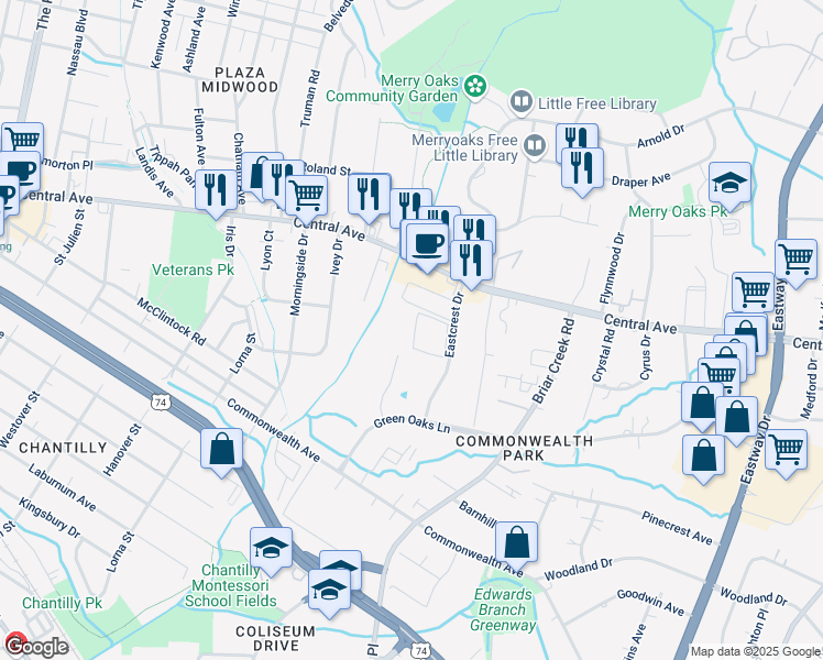 map of restaurants, bars, coffee shops, grocery stores, and more near 1609 Eastcrest Drive in Charlotte