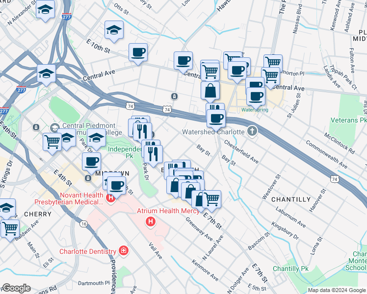 map of restaurants, bars, coffee shops, grocery stores, and more near 523 Clement Avenue in Charlotte