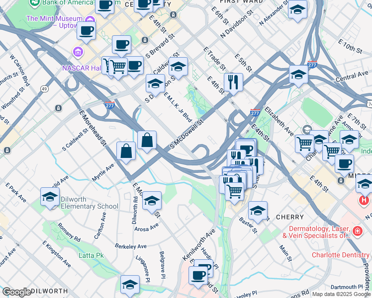 map of restaurants, bars, coffee shops, grocery stores, and more near 900 East Stonewall Street in Charlotte
