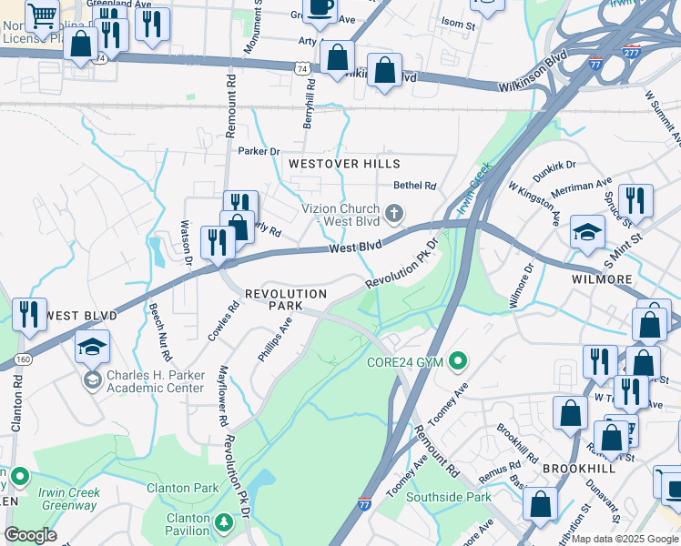 map of restaurants, bars, coffee shops, grocery stores, and more near 2541 Brentwood Place in Charlotte