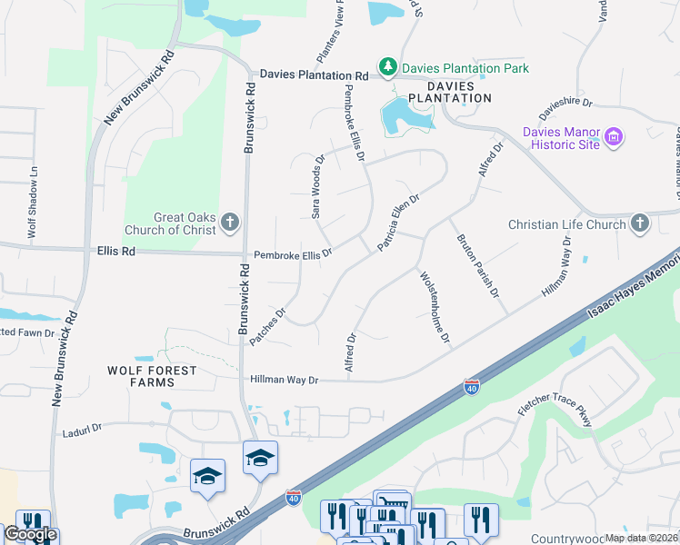 map of restaurants, bars, coffee shops, grocery stores, and more near 3291 Patricia Ellen Drive in Memphis