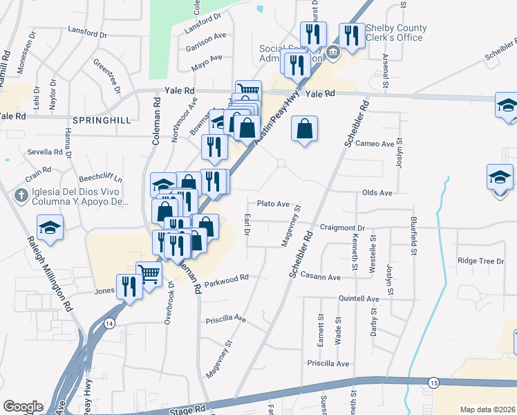 map of restaurants, bars, coffee shops, grocery stores, and more near 3304 Earl Drive in Memphis