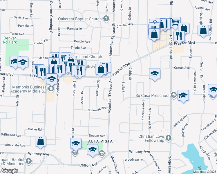 map of restaurants, bars, coffee shops, grocery stores, and more near 3306 Amselle Circle in Memphis