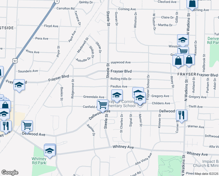map of restaurants, bars, coffee shops, grocery stores, and more near 3289 Steele Street in Memphis