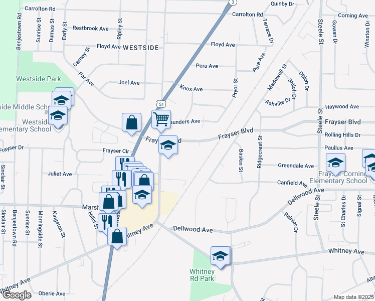 map of restaurants, bars, coffee shops, grocery stores, and more near 1099 Frayser Boulevard in Memphis