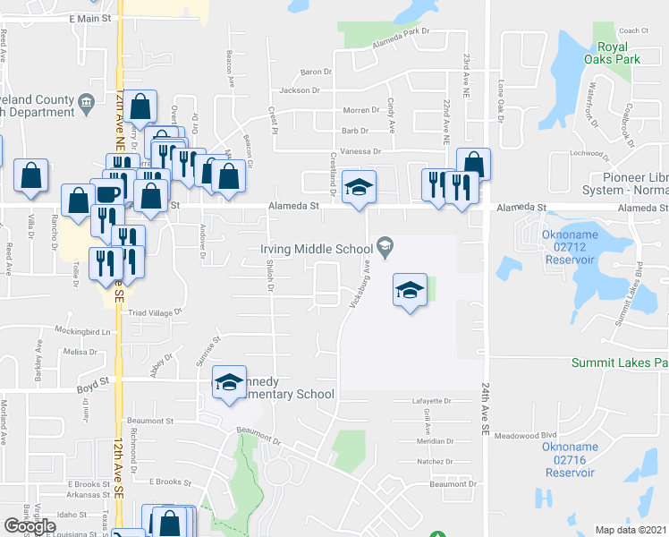 map of restaurants, bars, coffee shops, grocery stores, and more near 217 Bull Run Street in Norman