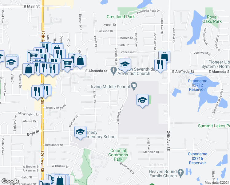 map of restaurants, bars, coffee shops, grocery stores, and more near 217 Bull Run Street in Norman