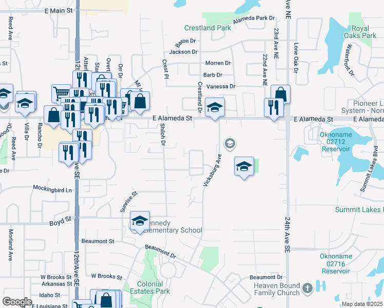 map of restaurants, bars, coffee shops, grocery stores, and more near 229 Chalmette Drive in Norman