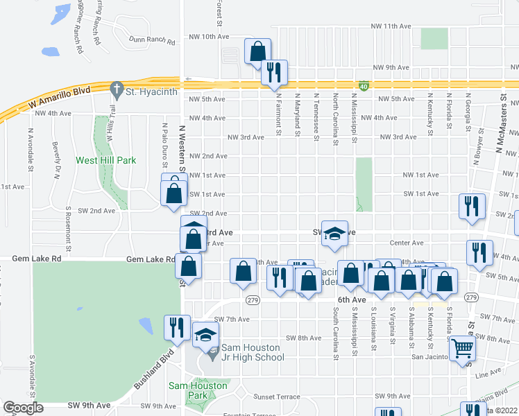 map of restaurants, bars, coffee shops, grocery stores, and more near 110 South Prospect Street in Amarillo
